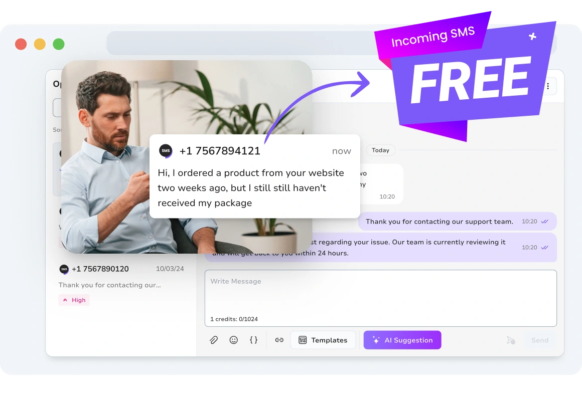 Screenshot showing free incoming SMS feature in TopMessage