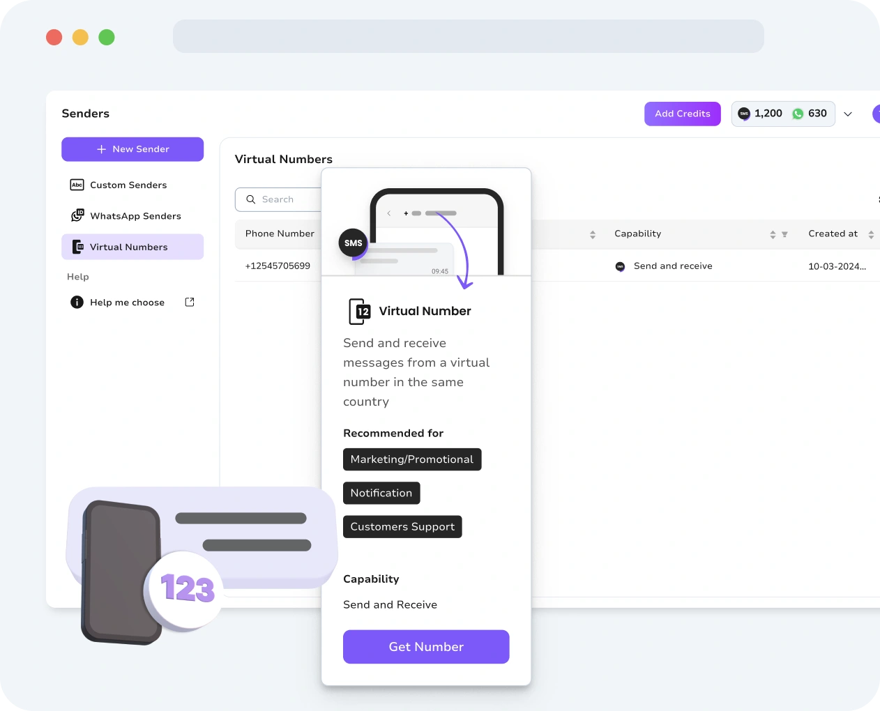 Screenshot of TopMessage SMS Virtual Numbers Interface.