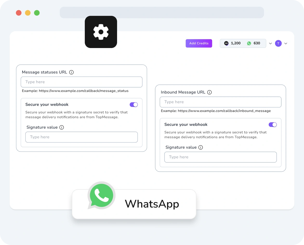 Screenshot of TopMessage interface displaying WhatsApp webhook setup with customization and performance metrics.
