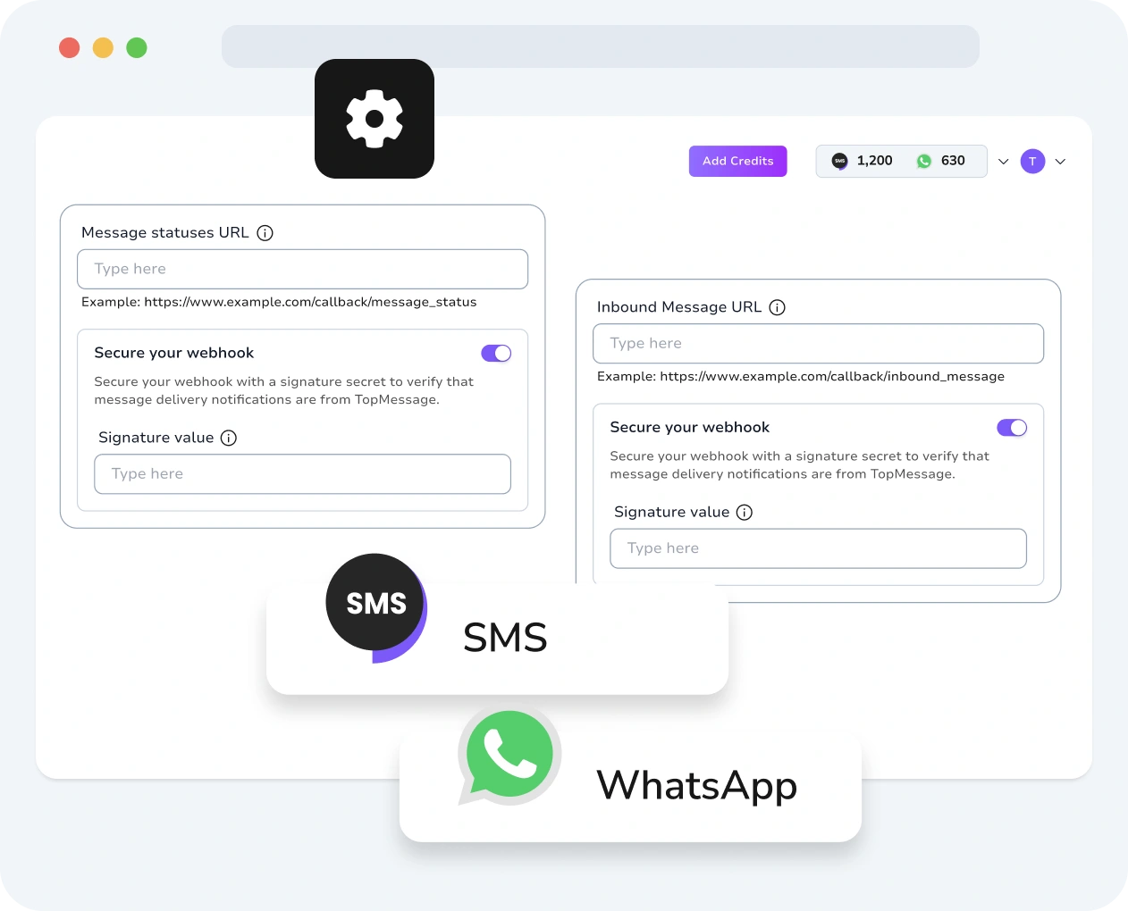 Screenshot of TopMessage interface displaying webhook creation and configuration with performance metrics.