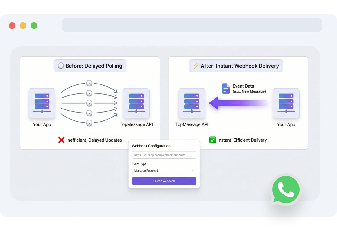 Dashboard showing TopMessage delivering real-time webhook events to an app as they occur.