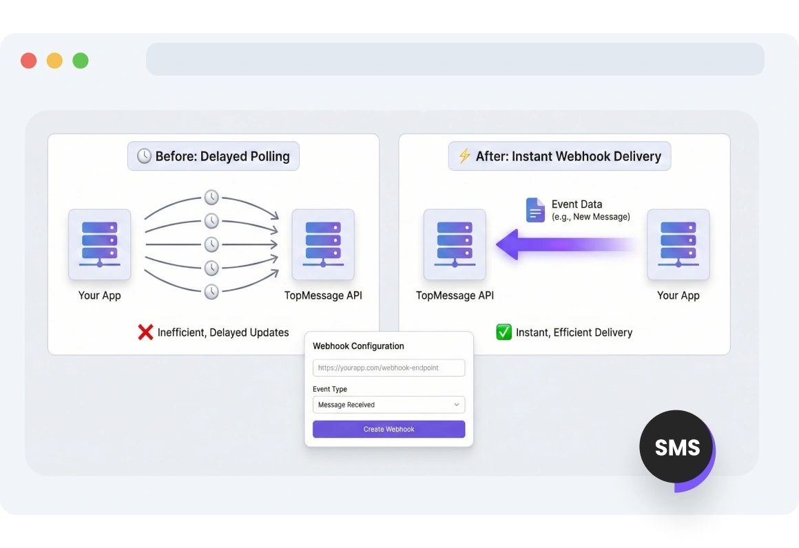 Dashboard displaying TopMessage SMS webhooks sending real-time updates for every customer request or message delivery.