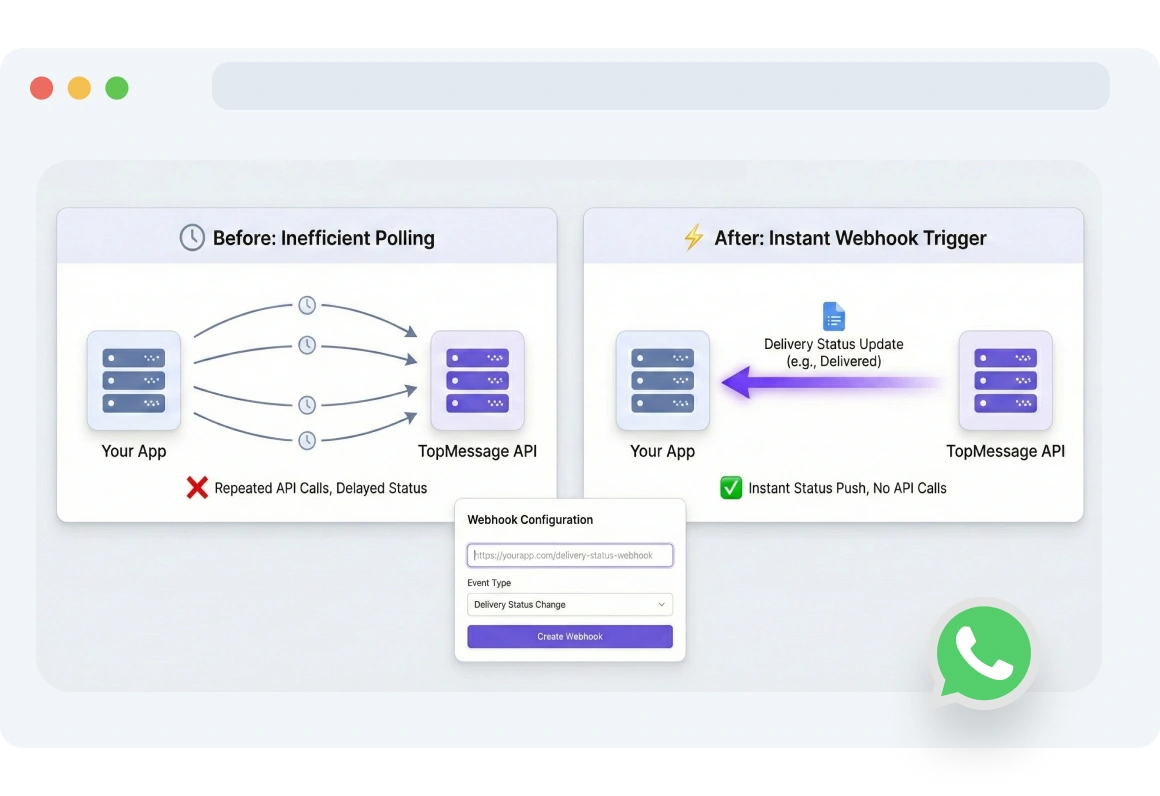 Interface displaying TopMessage status webhook notifications triggered when a customer opens or reads a WhatsApp message.