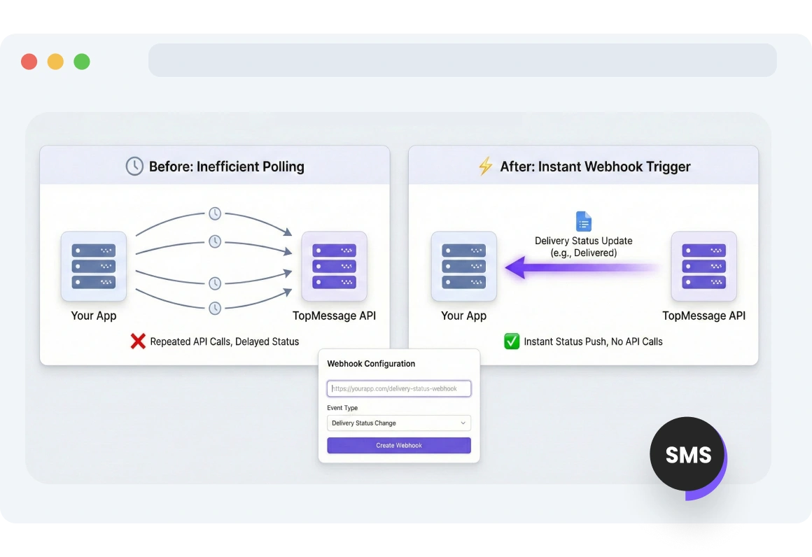 Interface displaying TopMessage webhooks triggering instant delivery status updates for SMS and WhatsApp messages.