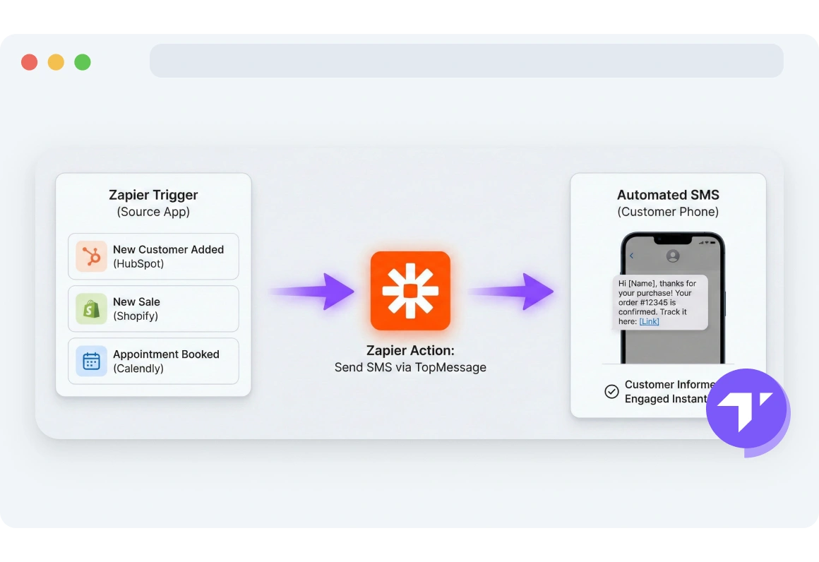Zapier action step configured to send an SMS automatically through TopMessage when an event occurs.