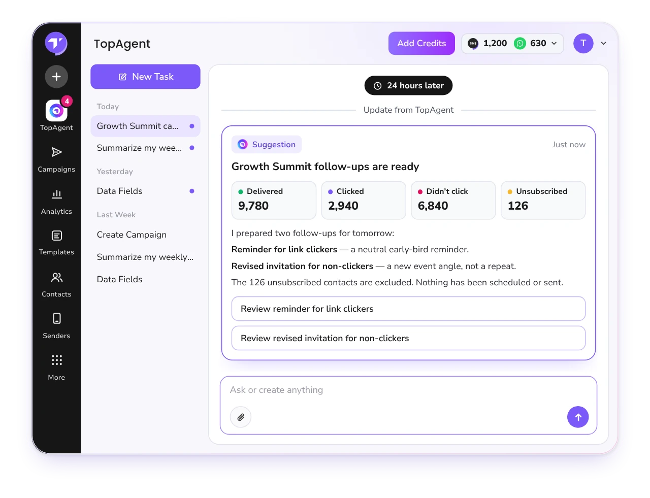 Animated demo of TopAgent creating an SMS campaign from a single request