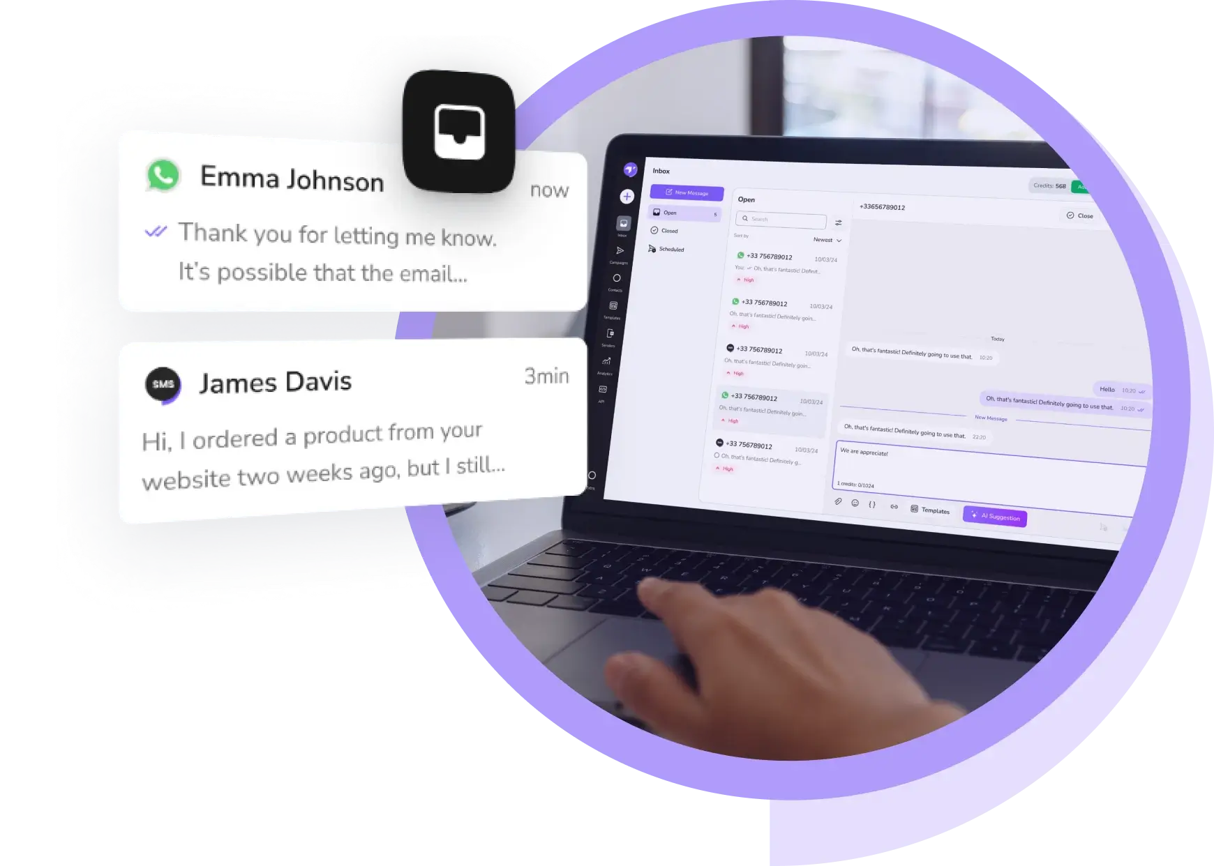 Customer support representative using TopMessage\'s inbox to check SMS and WhatsApp messages