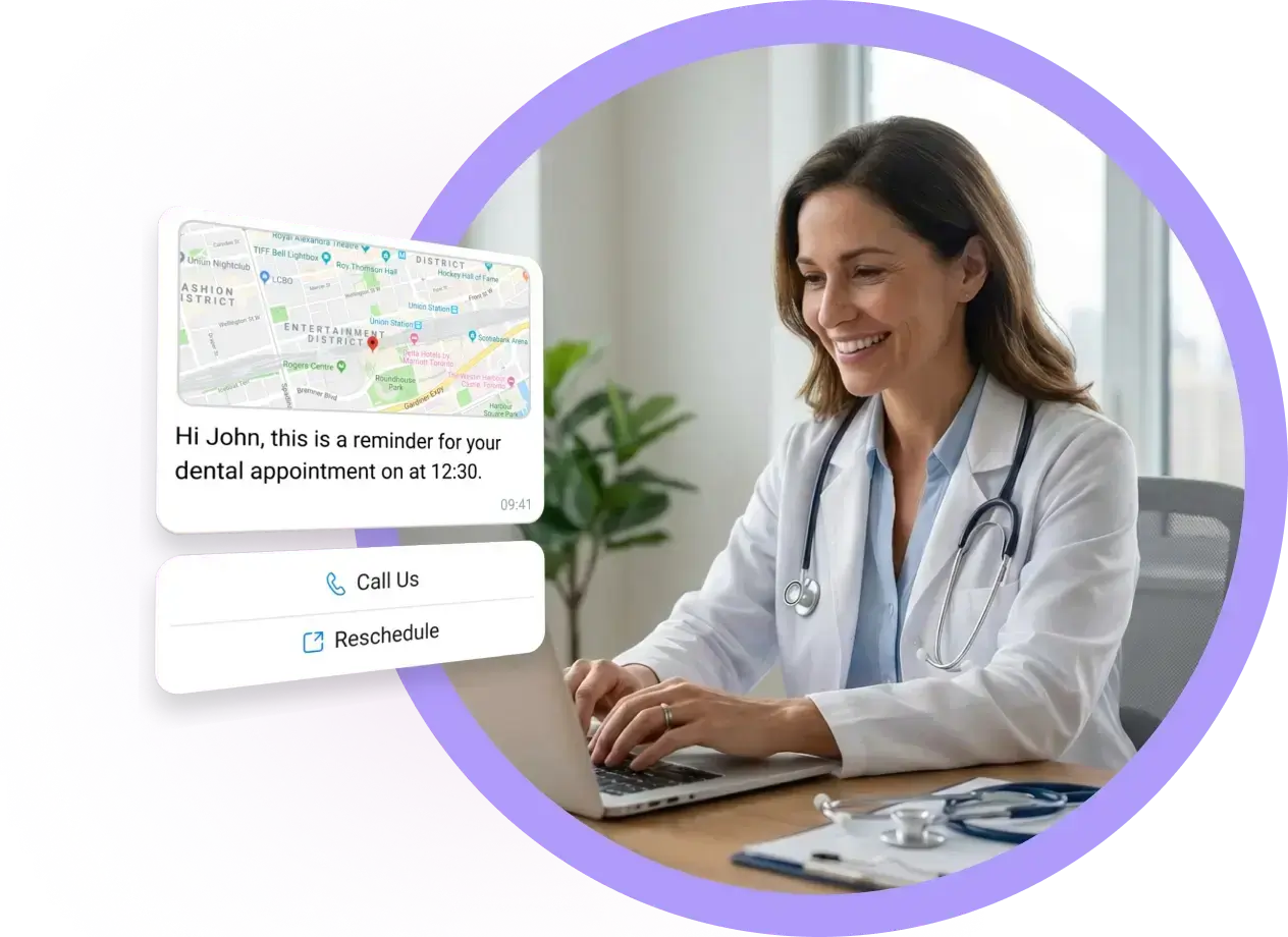 Hospital administrator sending automated appointment reminder via WhatsApp to patients using TopMessage.
