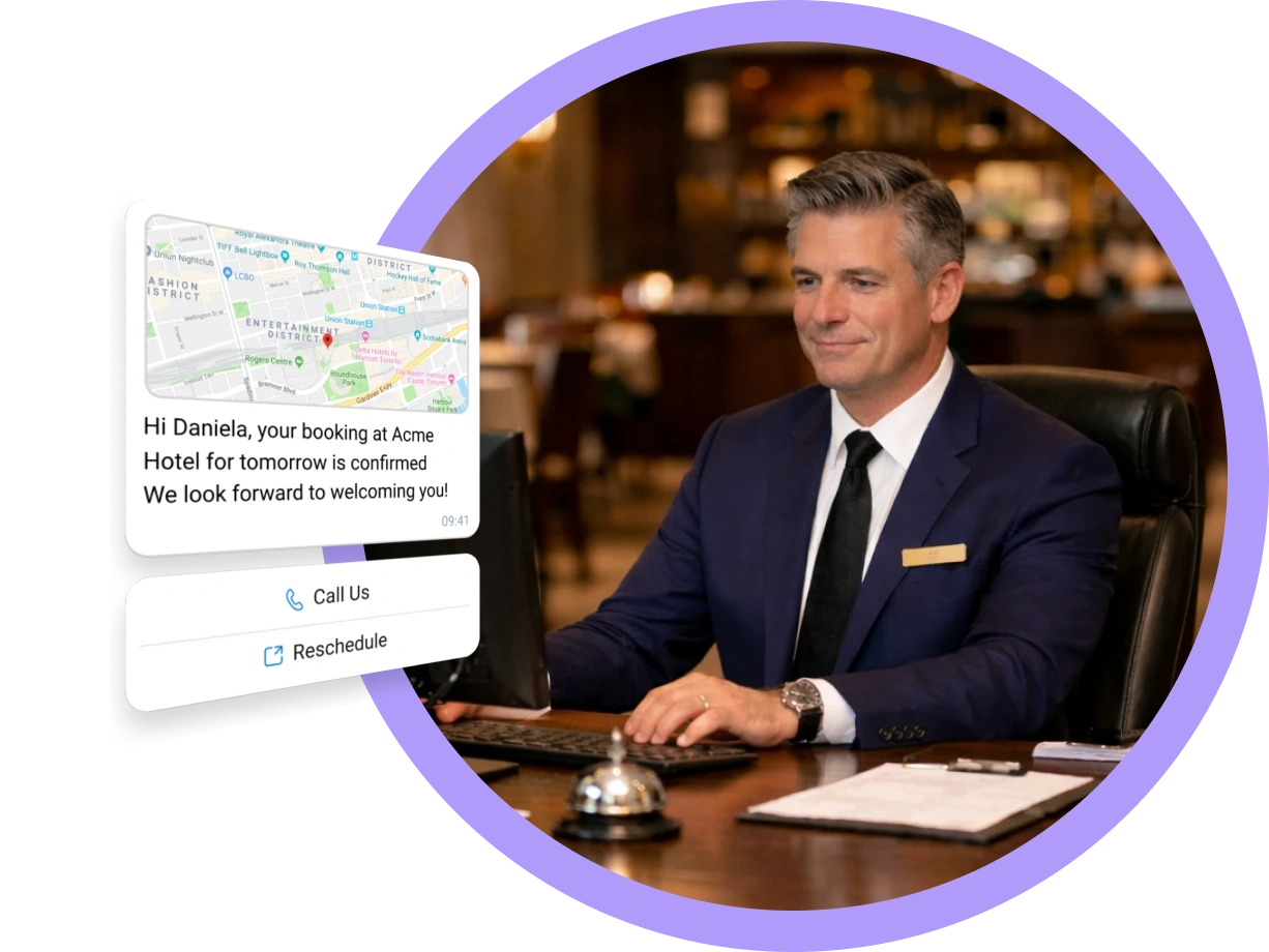 Restaurant and hotel staff managing guest reservations and messages using SMS and WhatsApp on a digital platform