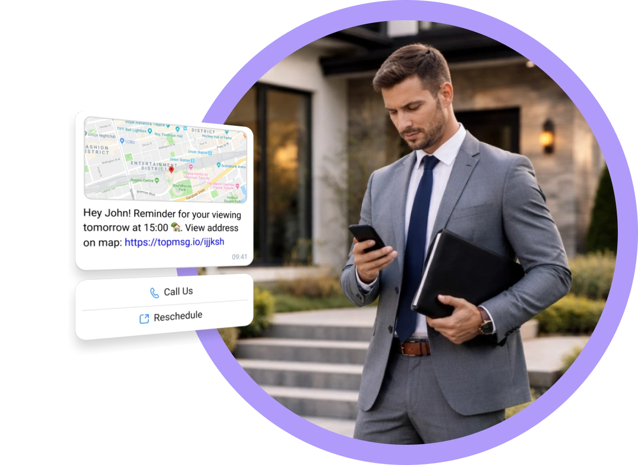 Real estate agents sending SMS and WhatsApp messages to buyers, sellers, and investors to share property updates and manage communication