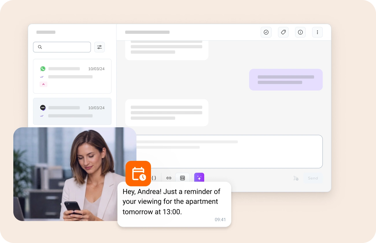 Real estate professionals communicating with buyers, sellers, and renters via SMS and WhatsApp throughout the property journey.