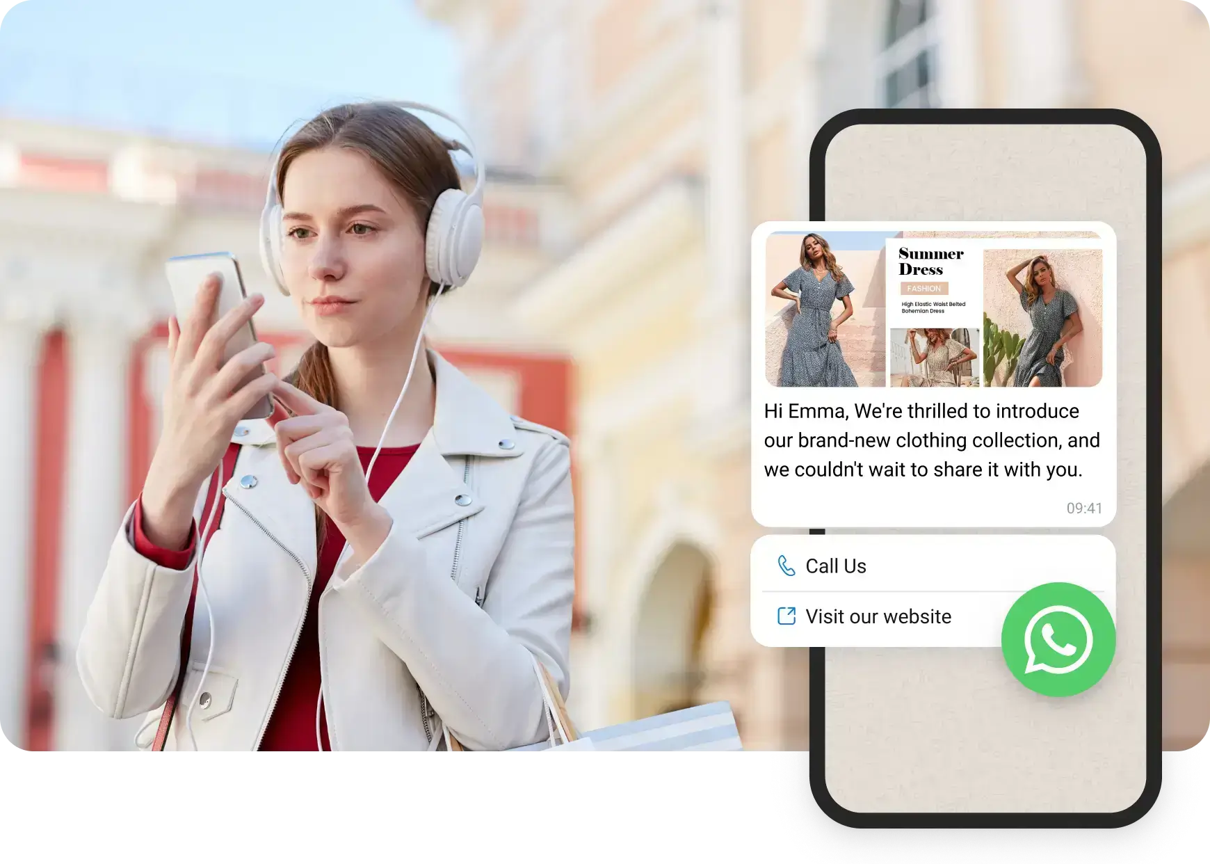 Girl with white headphones reading WhatsApp messages received from e-commerce