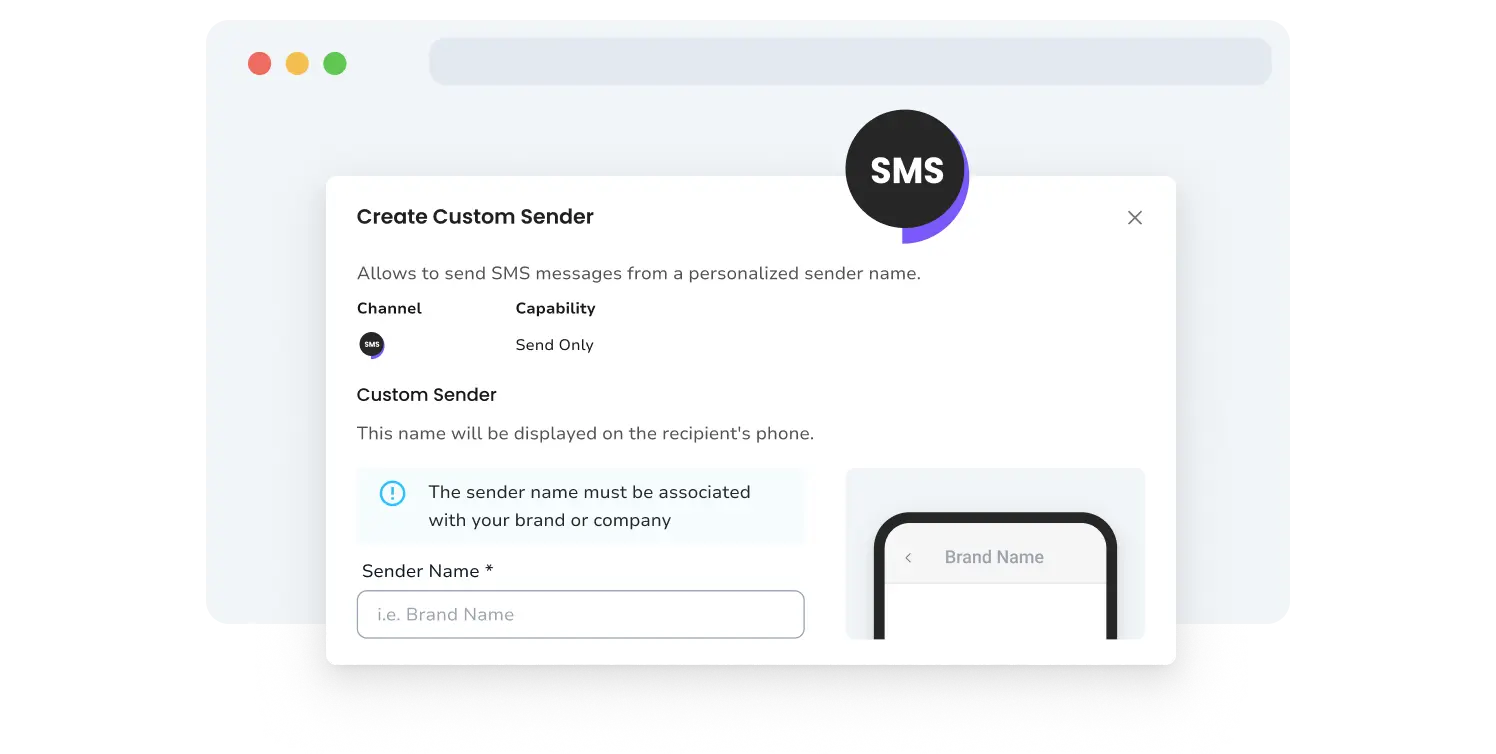 Screenshot of TopMessage's branded SMS sender setup page