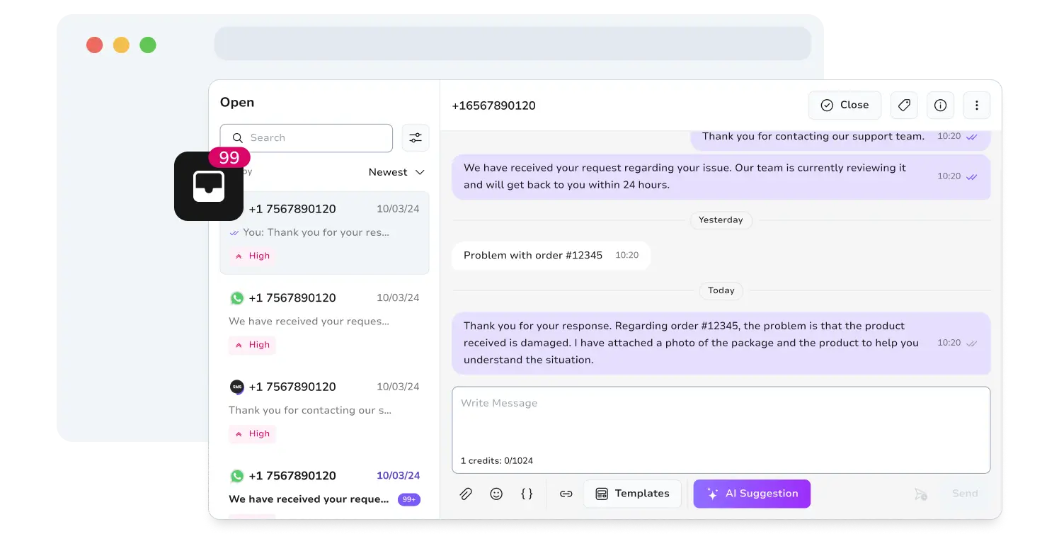 Screenshot of TopMessage's unified messaging inbox page