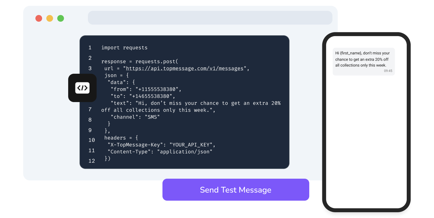 Screenshot of TopMessage's API page showing the SMS code testing function