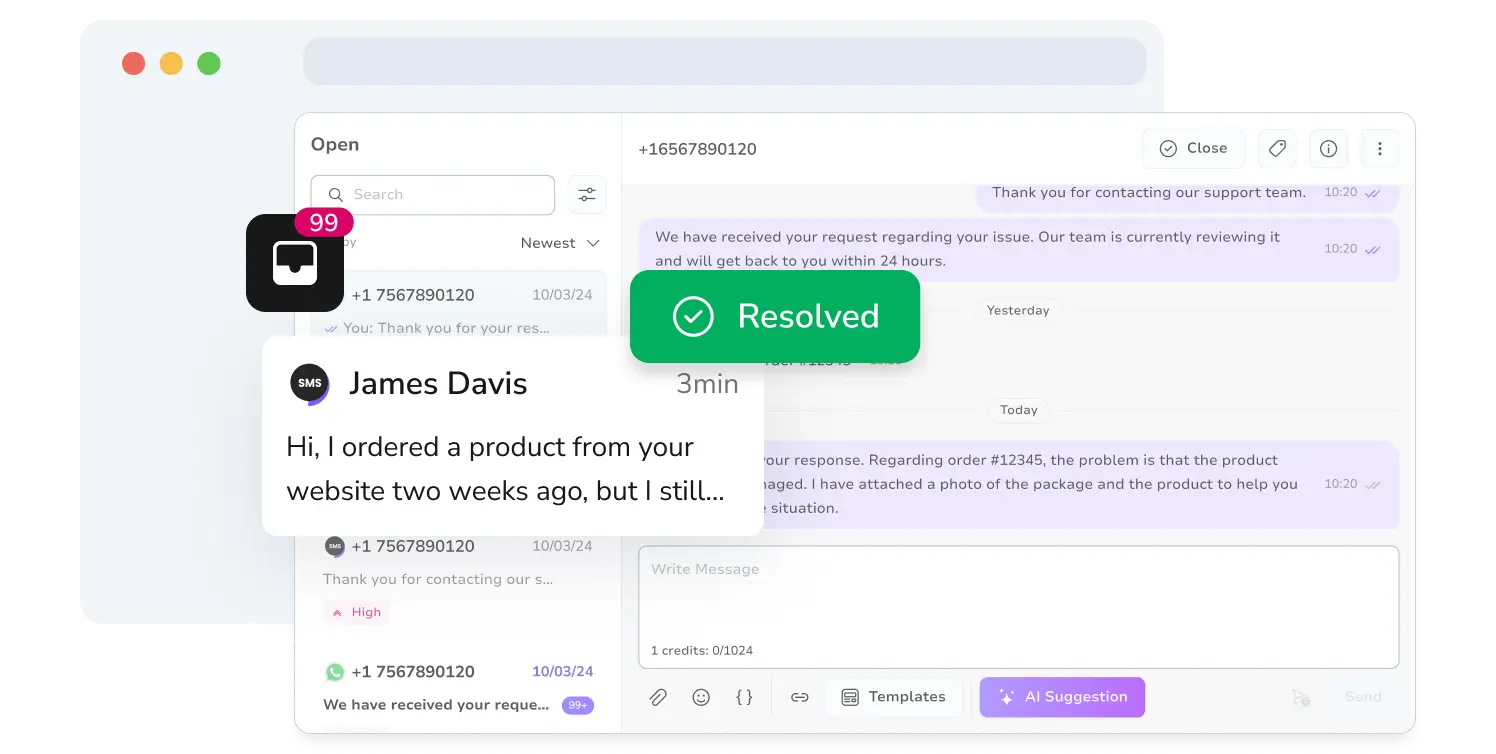 Screenshot of TopMessage's unified messaging inbox with resolved SMS conversations