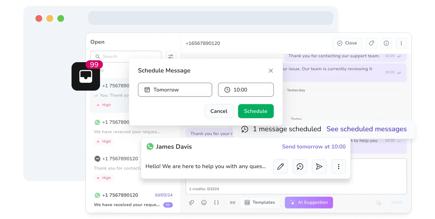 Screenshot of TopMessage's WhatsApp inbox page with scheduling function