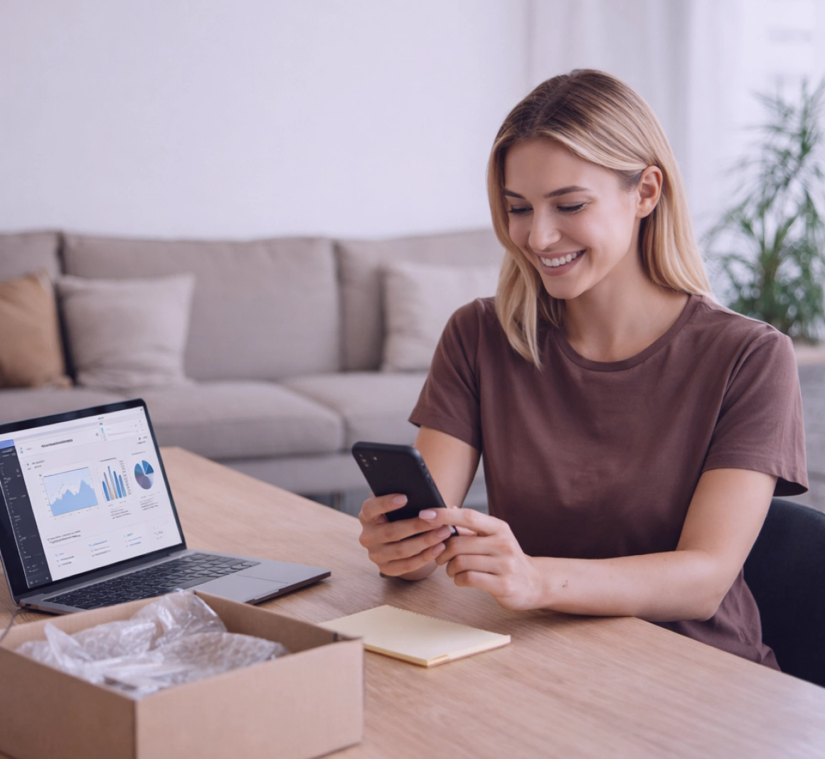 Person holding a smartphone and smiling, representing a customer completing a checkout process via a TopMessage SMS link.