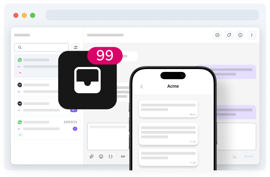 Messaging platform interface with smartphone and notification badge showing 99 messages, representing high message volume.