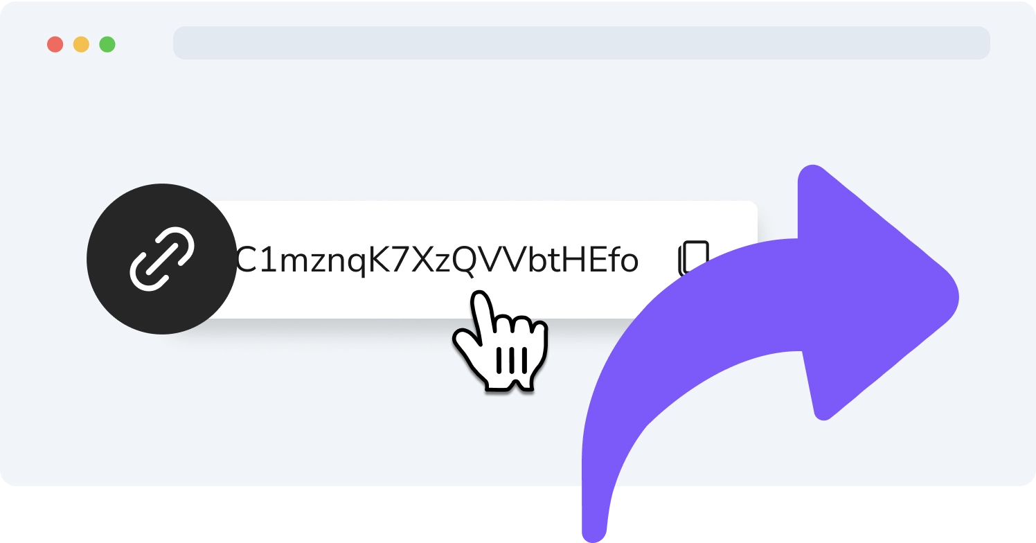 Affiliate program icon with a hand cursor clicking on a link and a purple arrow, symbolizing link sharing.