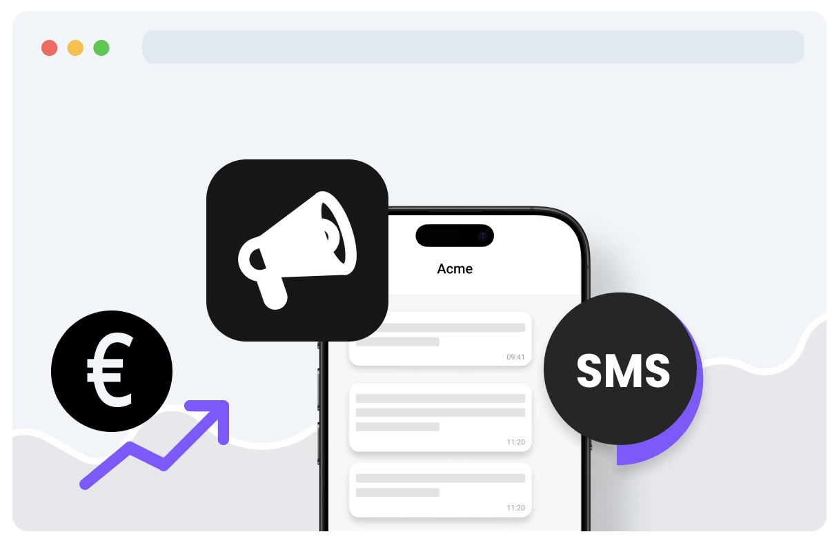 Smartphone with SMS and megaphone icons, alongside euro symbol and upward arrow, representing SMS marketing and revenue growth.