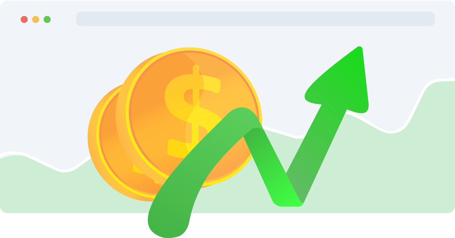 Affiliate program icon with gold coins and a rising green arrow, representing affiliate earnings and growth.