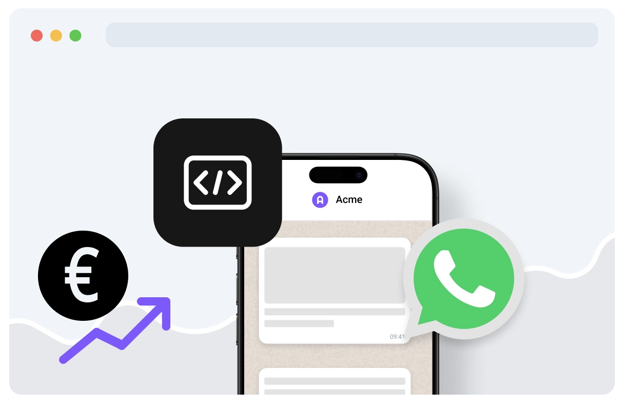 Smartphone with WhatsApp and coding icons, plus euro symbol and upward arrow, representing WhatsApp integration and earnings for developers.